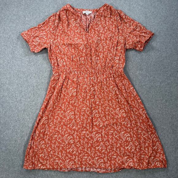 Loft Outlet Gathered Waist Short Sleeve Dress Womens Petite Medium Orange V-Neck - Picture 1 of 9